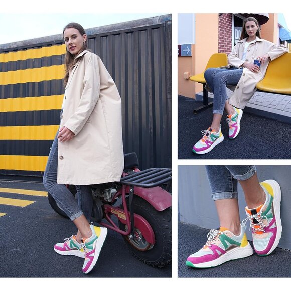 Brand New Women Fuchsia/Green Polyurethane Chunky Fashion Sneakers Leopard - Picture 7 of 9